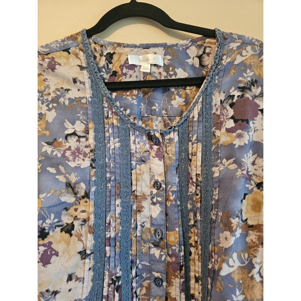Dress Barn blue, brown, cream Bohemian Boho Floral Top V-neck Tie Top Sz 14-16 - Picture 2 of 5